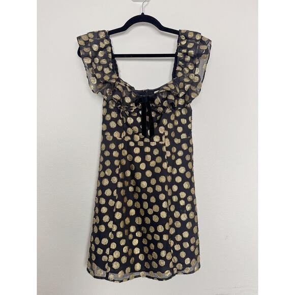 For Love & Lemons Dress Black Gold Metallic Polka Dot Ruffle Party Small - Picture 1 of 12